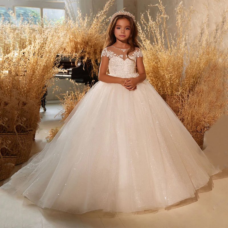 Title: Girls Princess Puffy Sleeve Party Dress Lace Tutu Flower Girl Birthday Performance Costume For Kids (3-8 Years, 100-140cm)