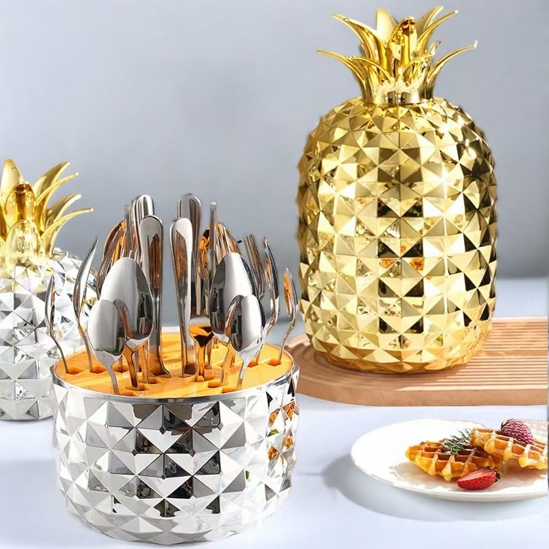 Stainless Steel Cutlery Set In ABS Egg Case - 24-Piece Pineapple Themed Knife Fork Spoon Gift Box, Elegant Dining Utensils For Home & Travel