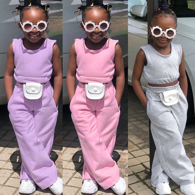 Mother & Kids European and American cross-border children's clothing girls fashion casual sleeveless vest solid color suit ins style two-piece set