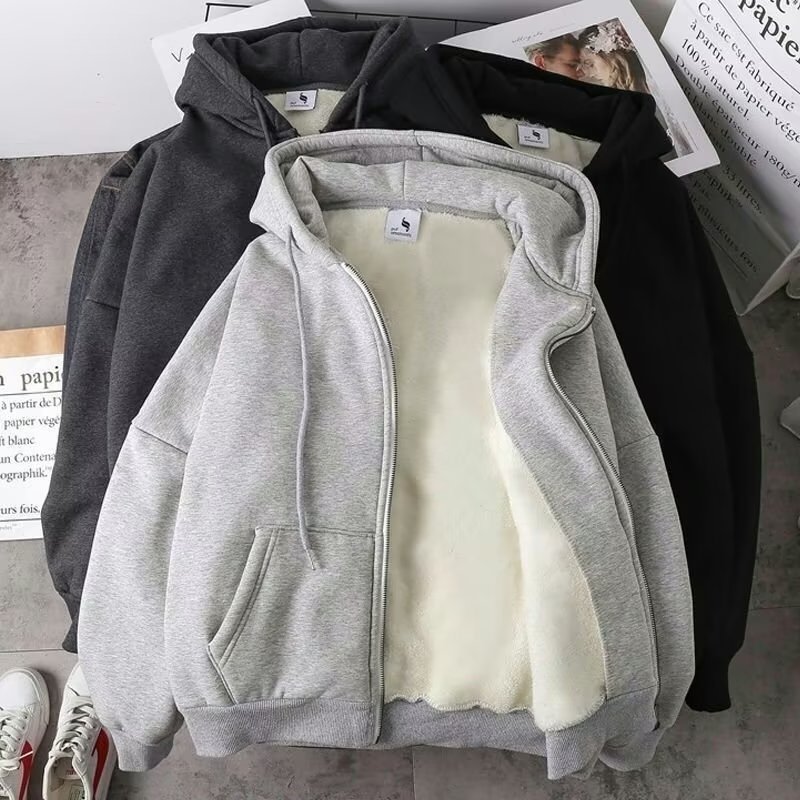 ​Unisex Fleece-Lined Hooded Zip-Up Sweatshirt - Oversized Winter Pullover For Couples & Students (M-3XL, Grey/Black)​