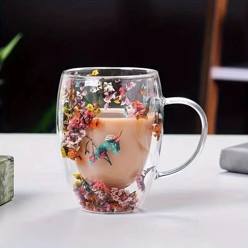 Double-Layer Glass Cup With Dried Flowers - 400ml Heat-Resistant Tumbler (Handmade Floral Design With Comfort Handle & Gold Rim)