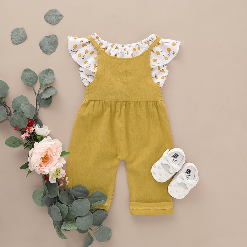 Girls spring and autumn 2024 new European and American popular small floral sleeveless top + solid color suspenders two-piece suit