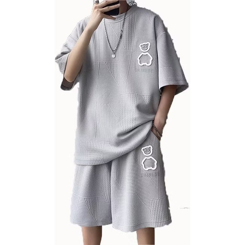 Men's Waffle Short-Sleeved T-Shirt Thin Trendy Brand Handsome Ice Silk Quick-Drying Casual Sports Shorts Set