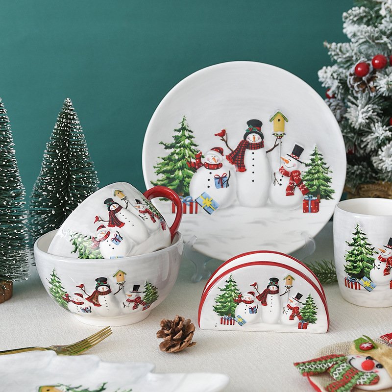 Christmas Snowman Bowls and Plates Tableware Set Relief Rice Salad Bowl Western Ceramic Flat Plate Cup