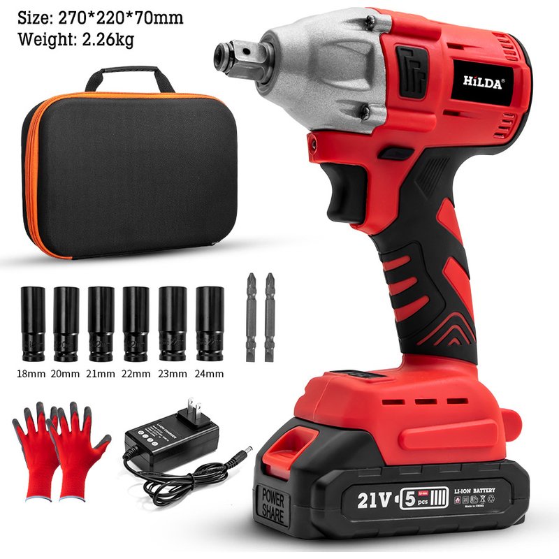 HILDA Cordless Impact Wrench With Lithium Battery, 320Nm Max Torque, 10mm Chuck, 300W Power, 8-Piece Accessory Kit