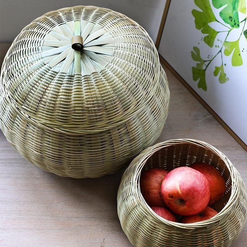Round Egg With Lid, Basket, Storage Green Woven Snack Candy Box, Bamboo Basket For Home Use