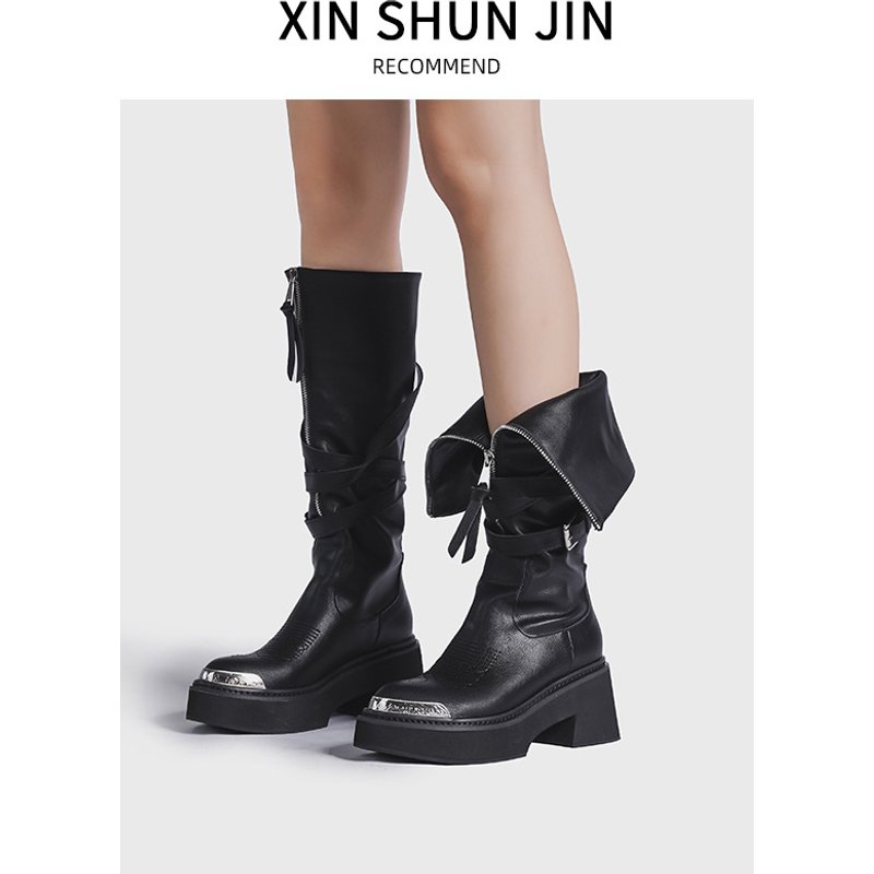 metal toe high fashion boots, long tube for women in spring, new front zipper, thick sole,