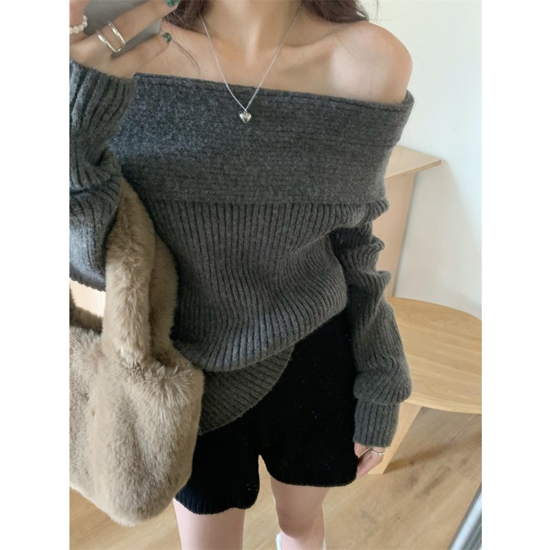 ​​Effortlessly Chic Off-Shoulder Knit Sweater For Women – Slim Fit Long Sleeve Pullover In Grey, Beige & Black​​
