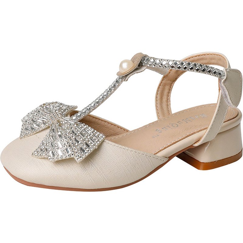 Mother & Kids Girls square toe high heels new Korean style fashion thick heel children's shoes stage performance bow rhinestone princess shoes