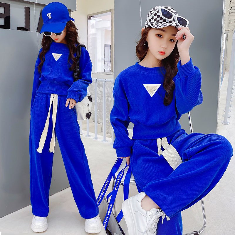 Kid's Clothing Girls Autumn Wide Leg Pants Suit 2024 New Medium And Large Children's Long Sleeved Sweatshirt Straight Pants Sports Two Piece Suit