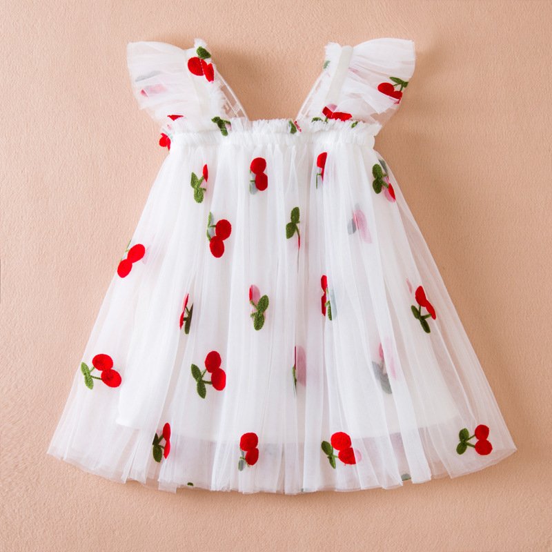 Kids’ Clothing Summer New Girls Dress Three Dimensional Wings Princess Dress Cherry Embroidery Baby Girl Mesh Skirt