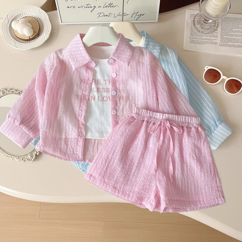 Kids’ Clothing Girls Suit Thin Summer New Style Fashionable Baby Girl Vertical Stripes Long Sleeved Sun Protection Clothing Shorts Three Piece Suit