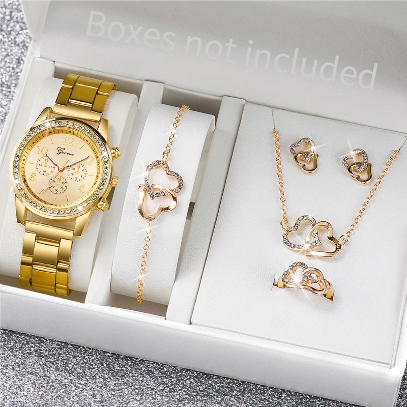 Women's Bracelet Watches 5PCS Ladies Watch Set Fashion Double Heart Rhinestone Alloy Jewelry Watch Ladies Girlfriends