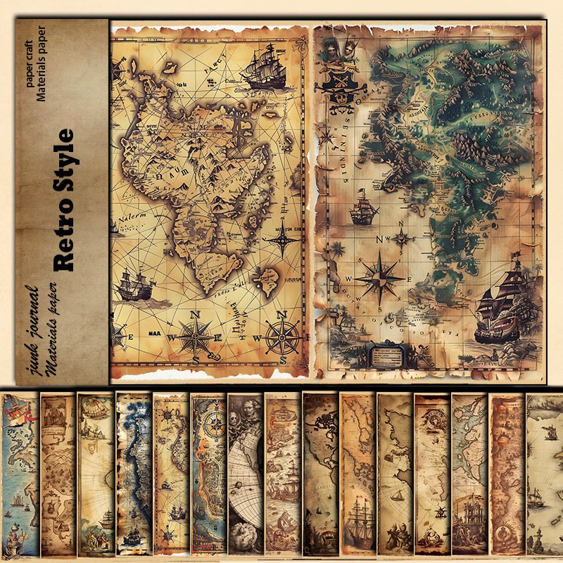 Stationery Sticker Retro Map 15 Sheets Of Material Paper To Make Old Navigation Map Folding Paper