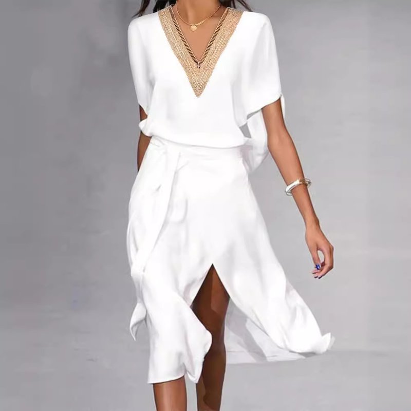 Women's Clothing Summer Fashion Mature Women's Lace V Neck Lace Up Casual Dress With Slits