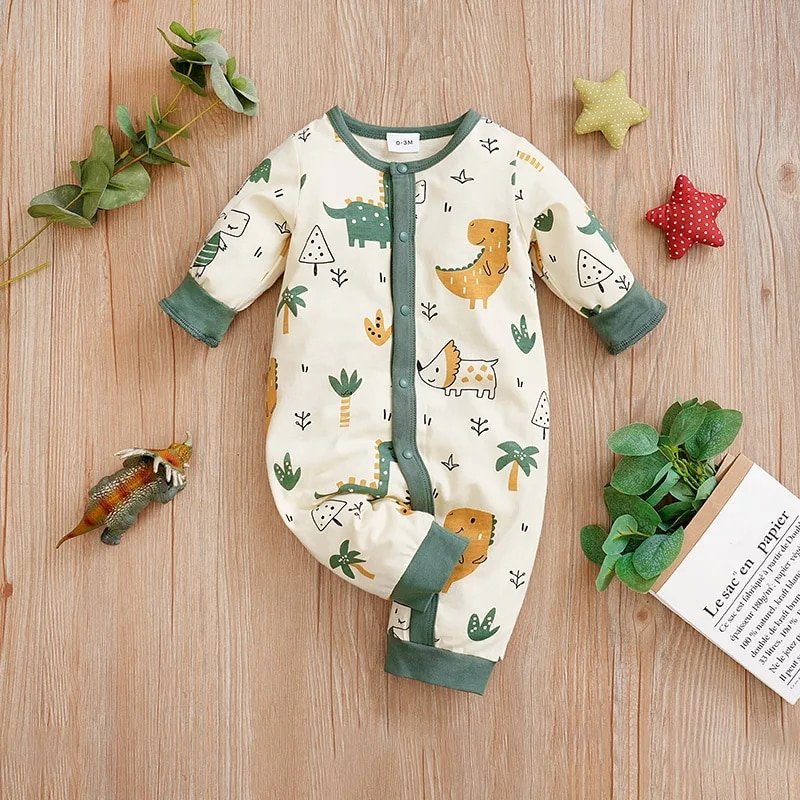 Spring Autumn Season Boys And Girls Cute Dinosaur Print Comfortable Casual Long Sleeve Cotton Baby Bodysuit
