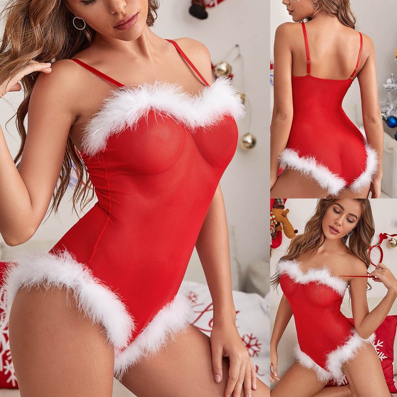 Women's clothing Christmas outfit sexy lingerie large size jumpsuit sexy lace pajamas steel ring push-up women's Christmas clothes