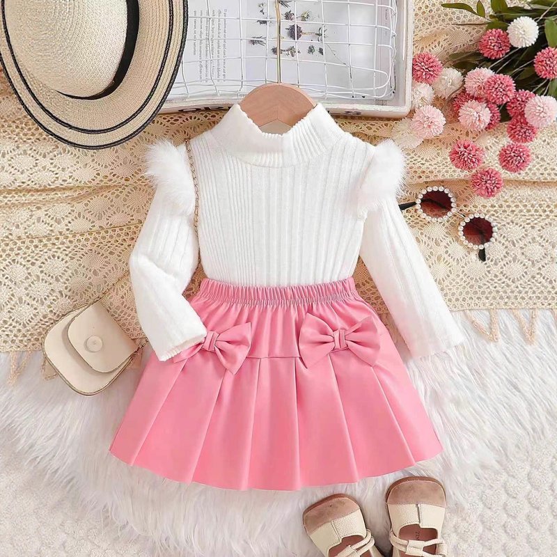 Winter Girl's Outfit Set - Ribbed Long Sleeve Top & PU Bow Pleated Skirt (4Y/5Y/6Y/7Y) | Soft Cotton Blend | Pink/Black/Brown