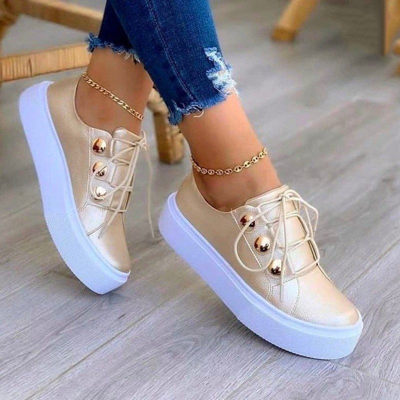 Women's Casual Shoes Leather Lace Up Ladies Sneakers Thick Soled Metal Decoration Breathable Female Flat Shoes XF0116