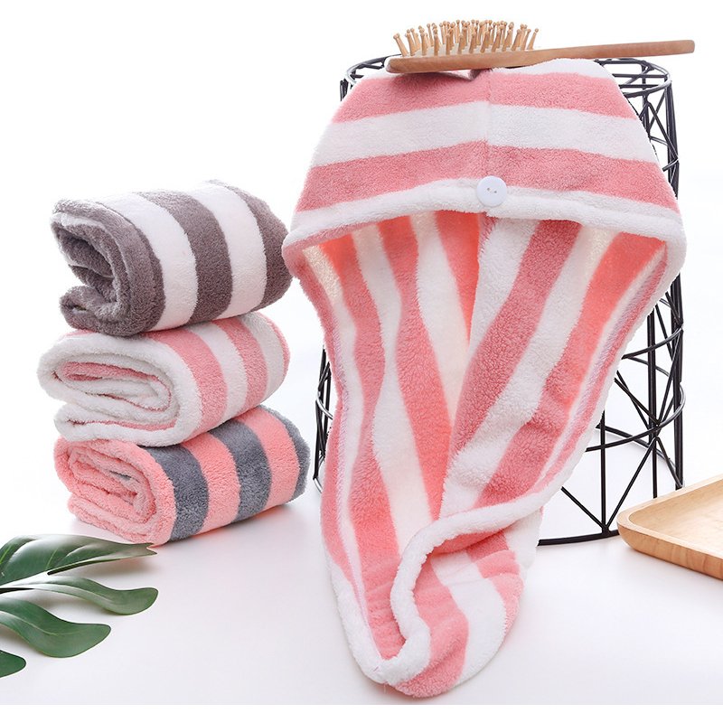 Soft Coral Fleece Hair Towel Wrap – Quick-Dry Absorbent Hair Turban For Women & Men, Cozy Bath Cap With Striped Design (Pink/Gray/Brown)