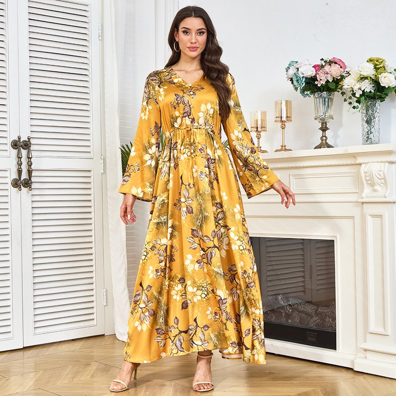 Robe Clothing Factory's New Printed Women's Yellow Waist Slimming Long Sleeved Big Swing Dress