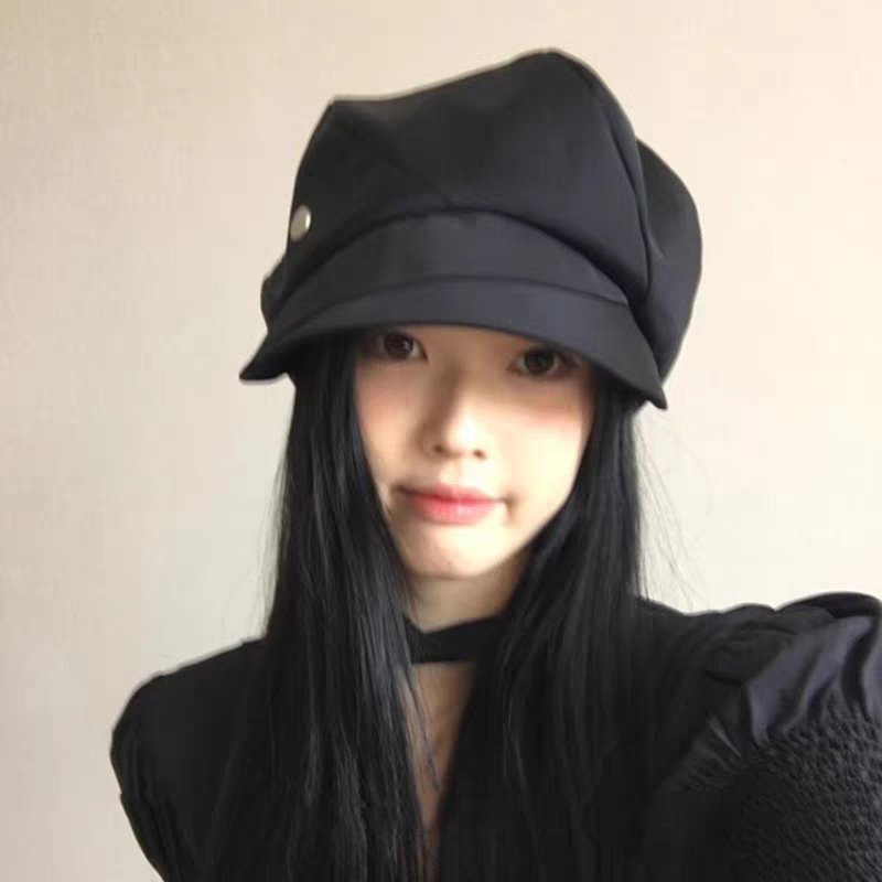 Black Suede Versatile Octagonal For Women, Spring And Autumn, Face Slimming, Fashionable Beret, Large Head Circumference