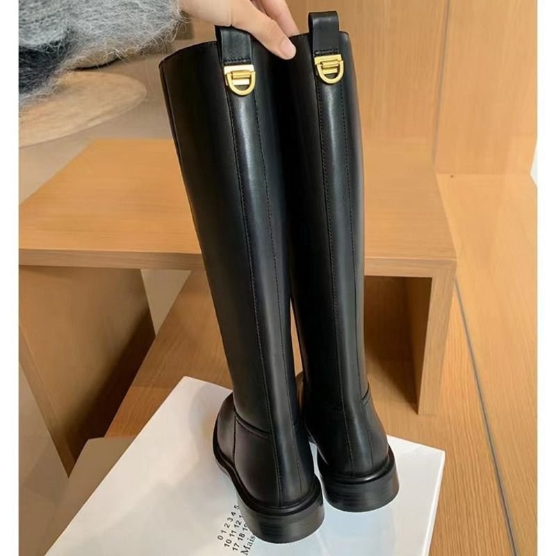 Hot Selg High-end Minimalist Round Toe Low Heel Side Zipper Fashionable Women's Exquisite High-quality Long Leg Knight