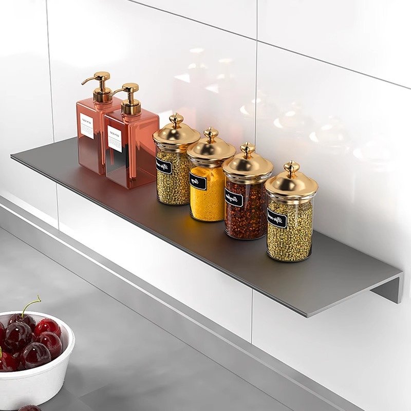 Slim Wall Shelf – Space-Saving Aluminum Storage Rack For Kitchen & Bathroom (Gunmetal/Black/White, 30/40/50/60cm, No-Drill Adhesive)​