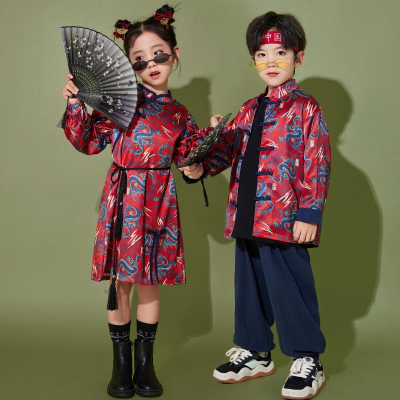 Traditional Chinese Kids Performance Costume Set – Boys & Girls Dance Outfit With Cultural Prints For School Shows & Festivals
