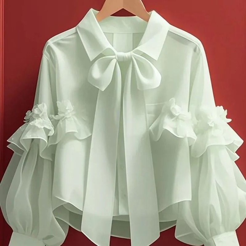 Women's Clothing early autumn new tops for women style unique beautiful green bow lantern long sleeved shirt