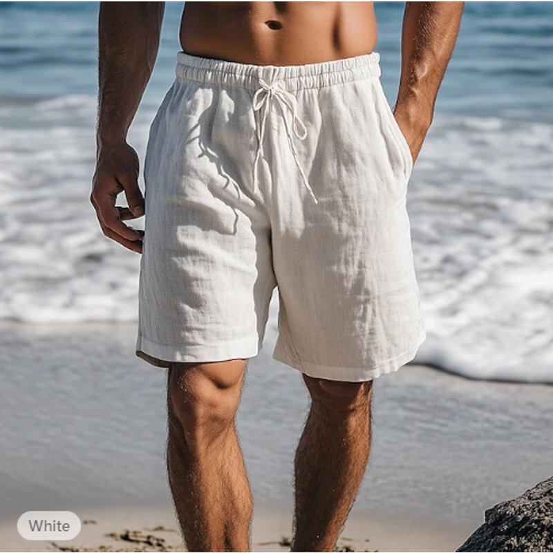 Men's Clothing New Cotton And Linen Shorts Drawstring Elastic Waist Straight Leg Solid Color Breathable Daily Beach Five Point Casual Shorts