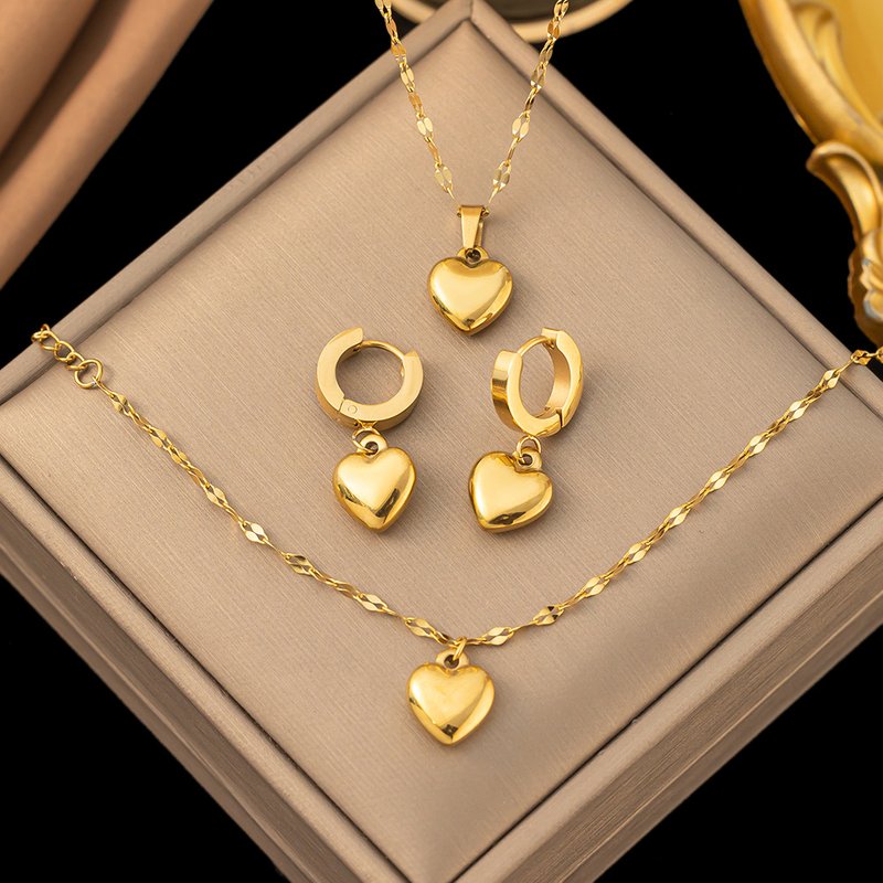 Stainless steel metal necklace set, fashionable, luxurious, high-end peach heart earrings