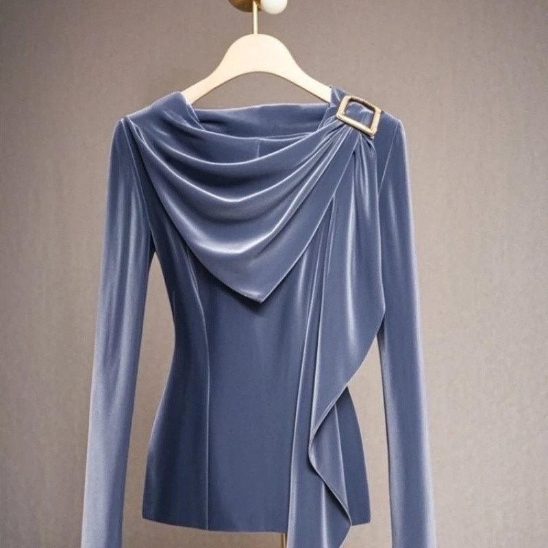 Women's Clothing Fashion Velvet Tops Early Autumn New French Style Slim Temperament Pile Collar Simple Waist Commuting