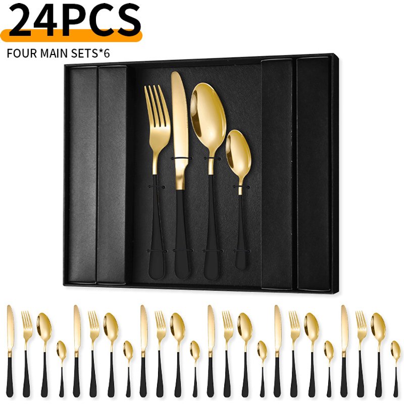 Stainless Steel Cutlery Knife Fork And Spoon 24 Piece Set 1010 Gift Box Set Gold Western Steak Knife And Fork
