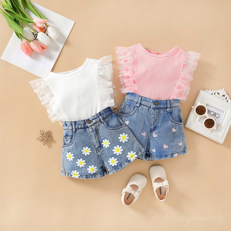 Mother & Kids Foreign trade children's clothing summer girls internet celebrity suit western style girl new mesh lace top embroidered denim shorts