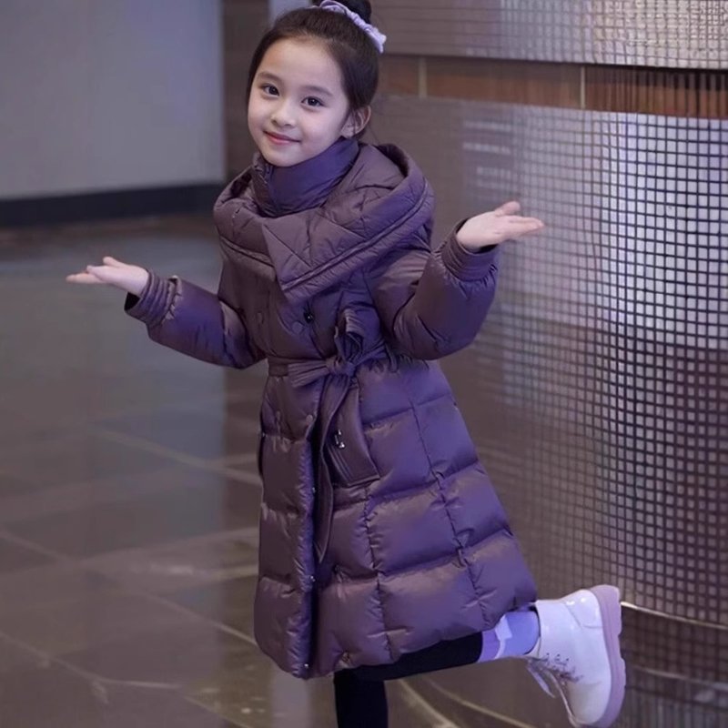 Trendy Girls' Winter Puffer Jacket – Thickened Hooded Coat In Elegant Purple/Black – Soft Polyester Fill, Warm & Stylish (8-14 Years)​
