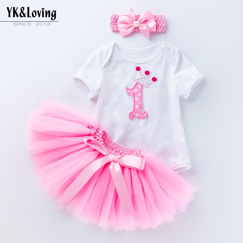 New Baby Girl One Year Summer Cartoon Short Sleeve Sweetheart Handmade Skirt Half Body Dress Headwear Three Piece Set