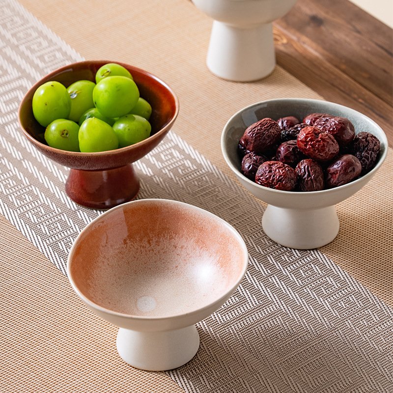 Creative Ceramic High Foot Plate Household Fruit Bowl And Plate Restaurant Snack Tea Dry Fruit Plate Retro Kiln Changed Ice Cream Cup