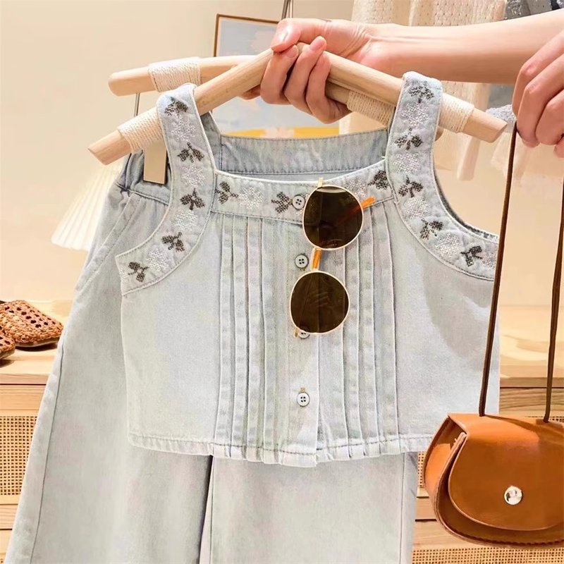 Kids Clothing girls vest suit children's embroidered flower top suspenders jeans