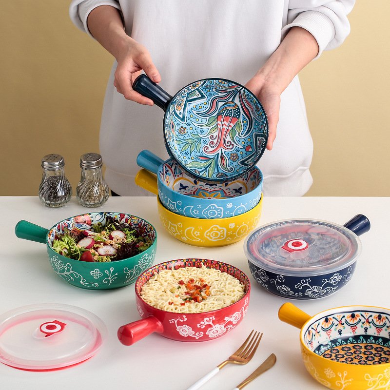 Bohemian Style Ceramic Bowl With Handle - Oven Safe Baking Bowl For Pasta Salad & Dessert Microwave Safe