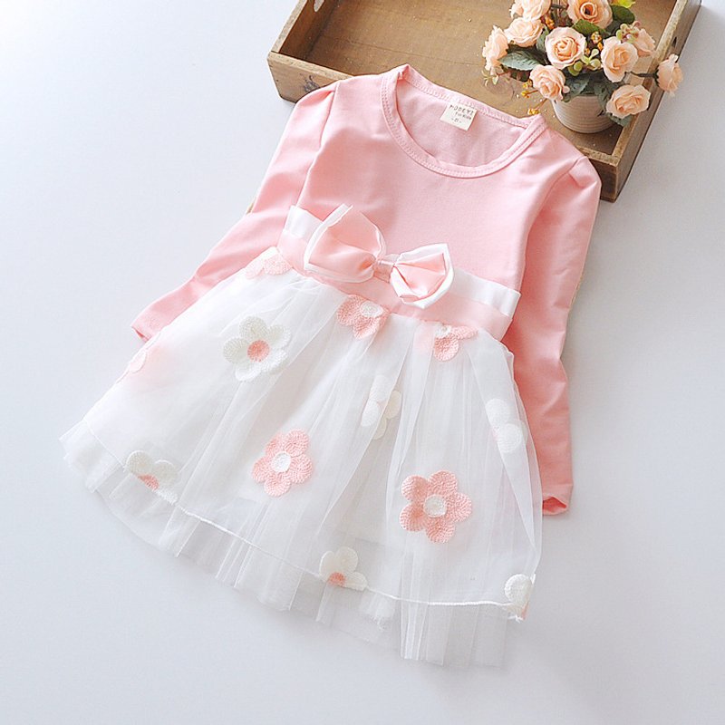 New Korean version of flower bow long sleeved for girls in spring and autumn season, same style as celebrity dress