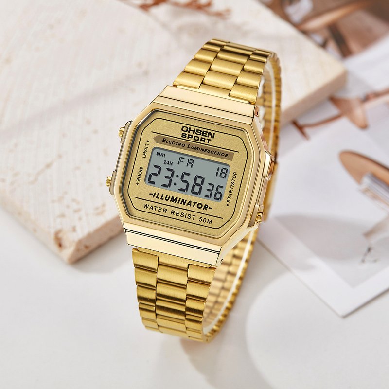 Women's Gold Stainless Steel Strap Electronic Watch Alarm Clock Calendar Week Waterproof Watch
