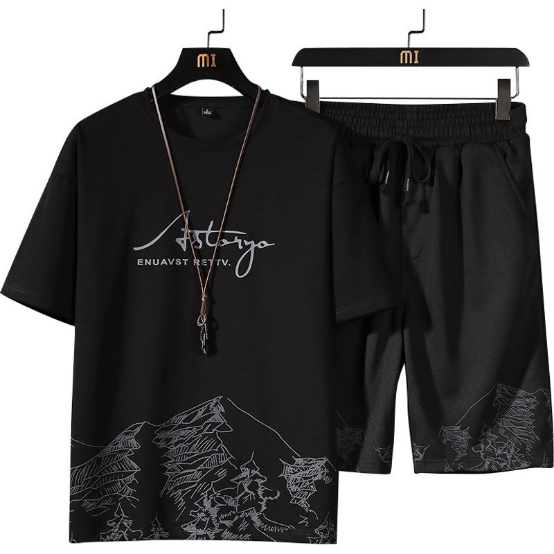 Men's Short-Sleeved T-Shirt Suit Mountain Print Fashion Trend Slim Fit Large Size Sports Two-Piece Set