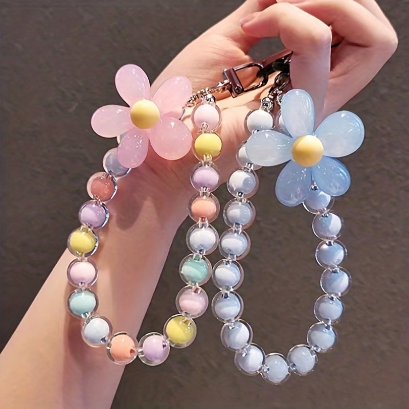 Handmade Flower Macaron Colorful Beaded Wrist Rope Phone Lanyard