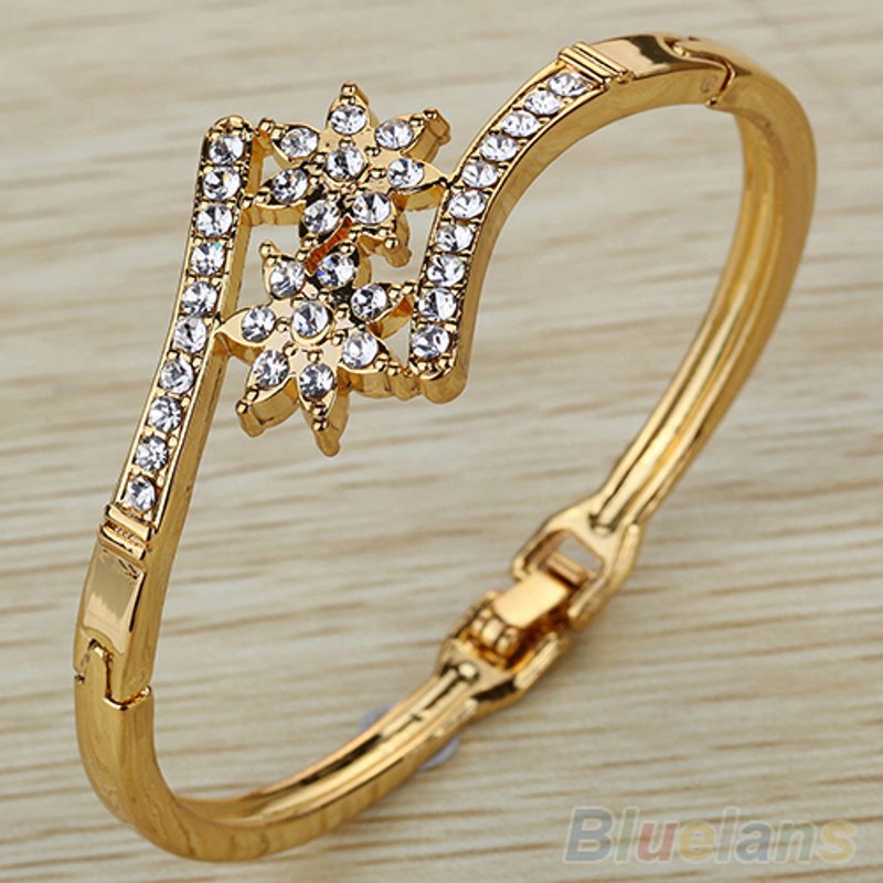 Shuosbai Women's Fashion Inlaid Rhinestone Symmetrical Flower Cuff Bangle Bracelet