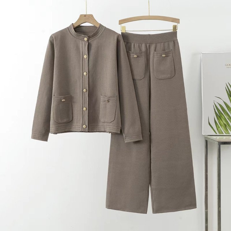 Women's Clothing autumn and winter new style small long sleeved cardigan sweater wide leg trousers knitted two piece suit