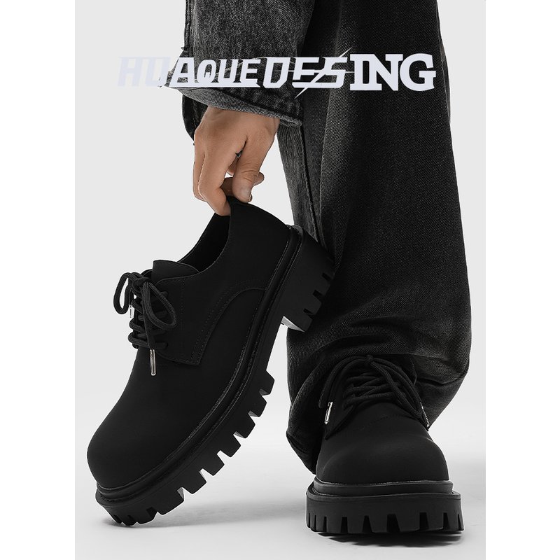 Derby Men's Thick Bottom 5cm Lace-up Round Matte Frosted Small Leather Cleanfit Increased By Big Head Shoes