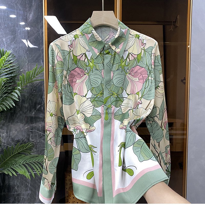 Women's fashion printed mulberry silk shirt imitation silk blouse