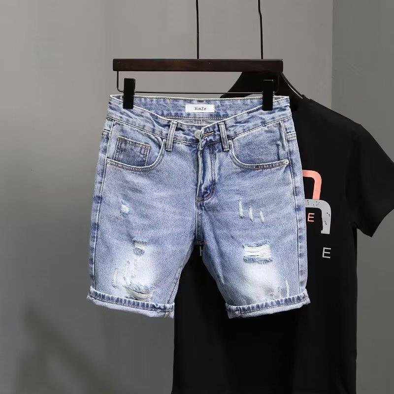 Men's Clothing Summer Light Blue Ripped Denim Shorts Men's Trendy Brand Ripped Pockets Slim Straight Beggar Five Point Pants