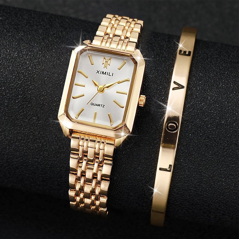 2PCS Luxury Gold Steel Women's Quartz Watch Set Exquisite Open Cuff Bracelet Fashion Ring Ladies Square Movement Accessory